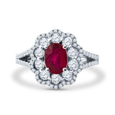 an oval ruby and diamond ring in white gold