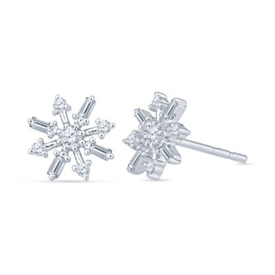 a pair of snowflake earrings with diamonds
