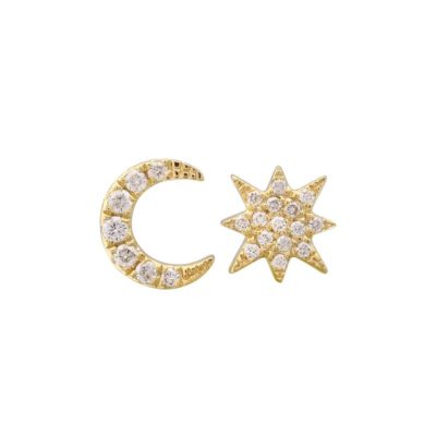 a gold and diamond crescent and star earring