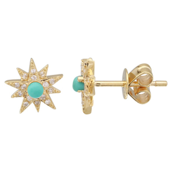 a pair of earrings with turquoise stones and diamonds