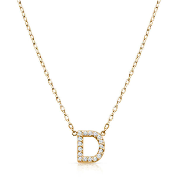 a diamond initial necklace on a gold chain