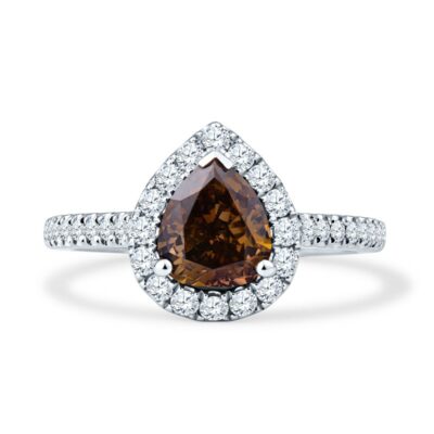 a pear shaped brown diamond ring set in white gold