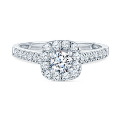 a diamond ring with a halo setting on top