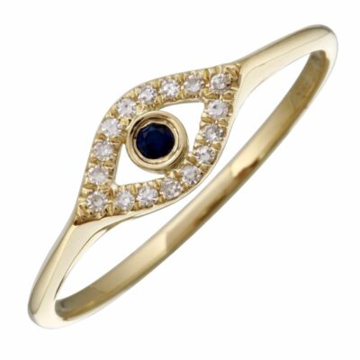 a yellow gold ring with an evil eye