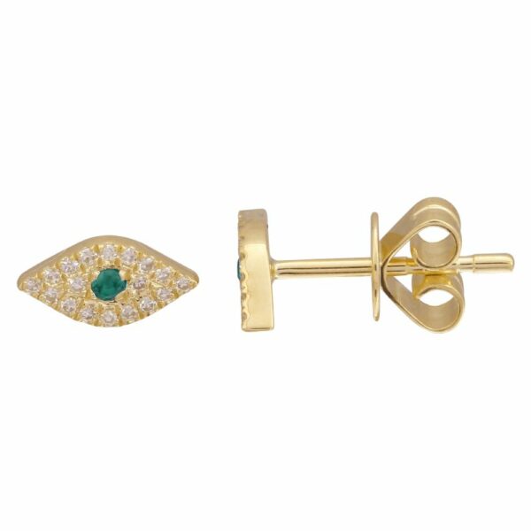 a pair of gold earrings with an evil eye