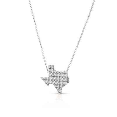 a necklace with a texas map made up of small white diamonds