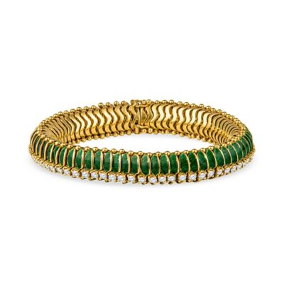 a gold and green bracelet