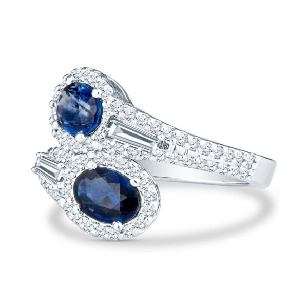 two stone ring with diamonds and blue sapphires