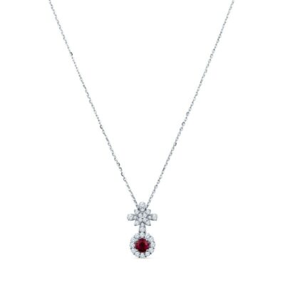 a red and white diamond pendant on a chain