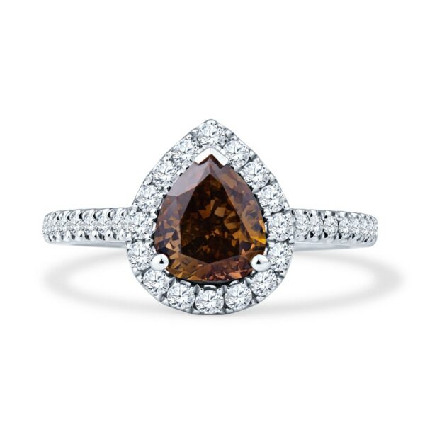 a pear shaped brown diamond ring set in white gold