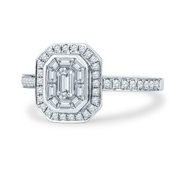 an emerald cut diamond ring set in 18k white gold