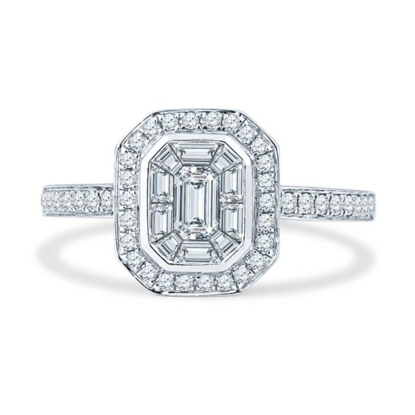 an emerald cut diamond ring set in 18k white gold