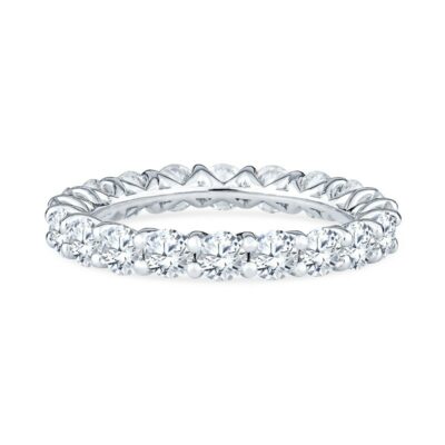 a white gold band with round cut diamonds