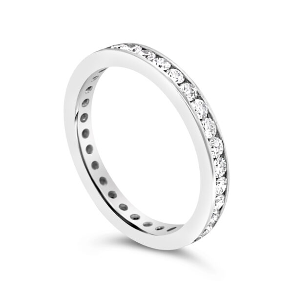 a white gold wedding ring with round diamonds