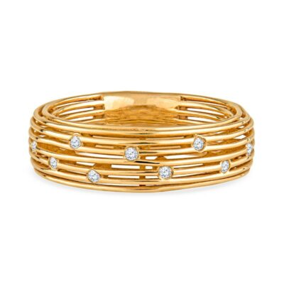a stack of gold rings with diamonds
