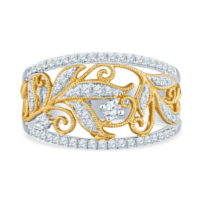 a yellow and white gold ring with diamonds