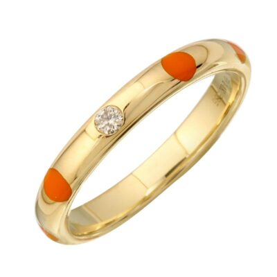 a gold ring with an orange stripe and a diamond