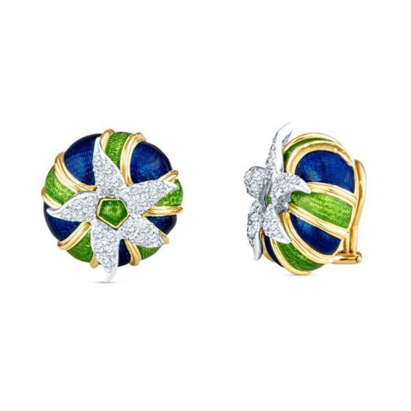 a pair of earrings with blue and green enamel