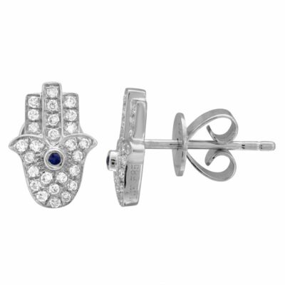 a pair of earrings with a hamsah design