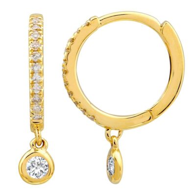 a pair of gold hoop earrings with diamonds
