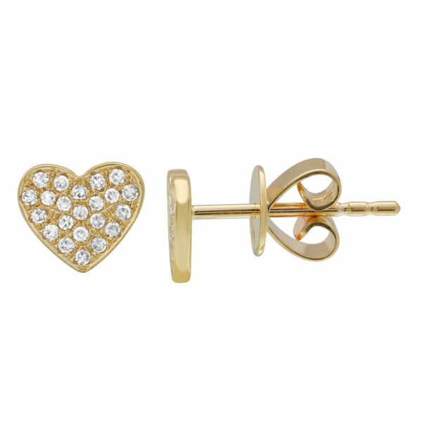 a pair of gold earrings with diamonds in the shape of a heart