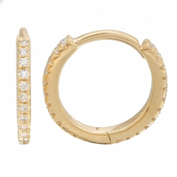 a pair of gold hoop earrings with diamonds