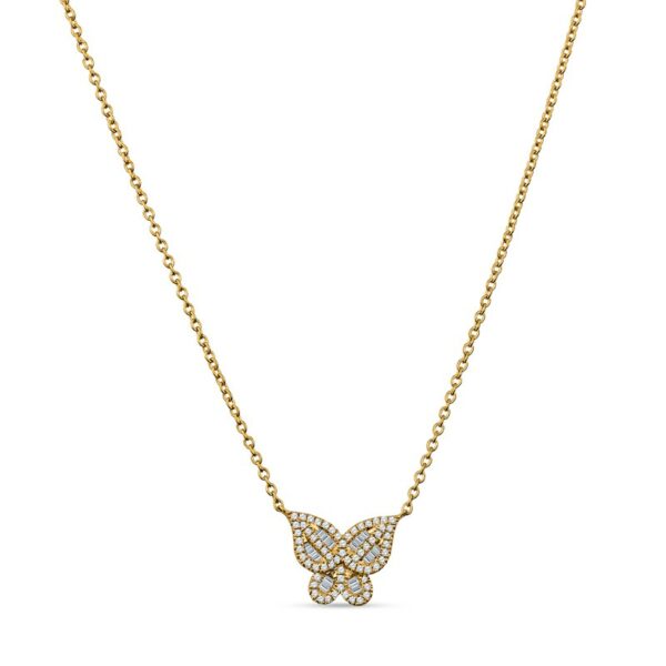 a gold necklace with a butterfly pendant