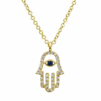 a hamsa necklace with an evil eye on it