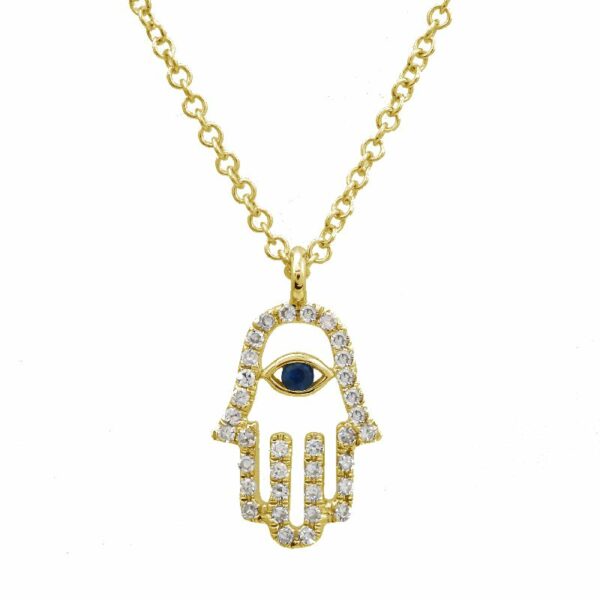 a hamsa necklace with an evil eye on it