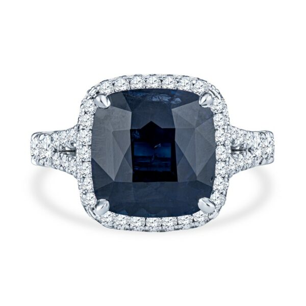 a cushion cut blue sapphire and diamond ring