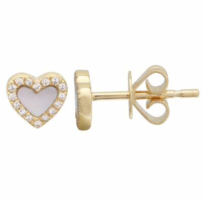a pair of heart shaped earrings with diamonds