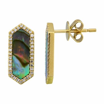 a pair of earrings with an opal and diamonds