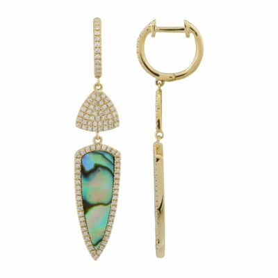 a pair of earrings with an abana shell and diamonds