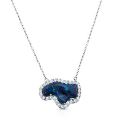 a blue opal and diamond necklace on a white background
