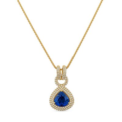 a necklace with a blue tear shaped pendant