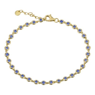 a gold bracelet with blue beads