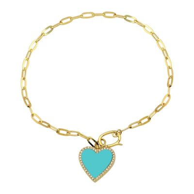 a gold chain bracelet with a turquoise heart charm