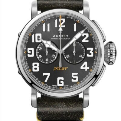 a watch with black dials and brown leather straps