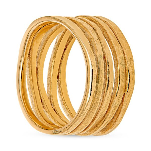 a stack of gold rings on a white background