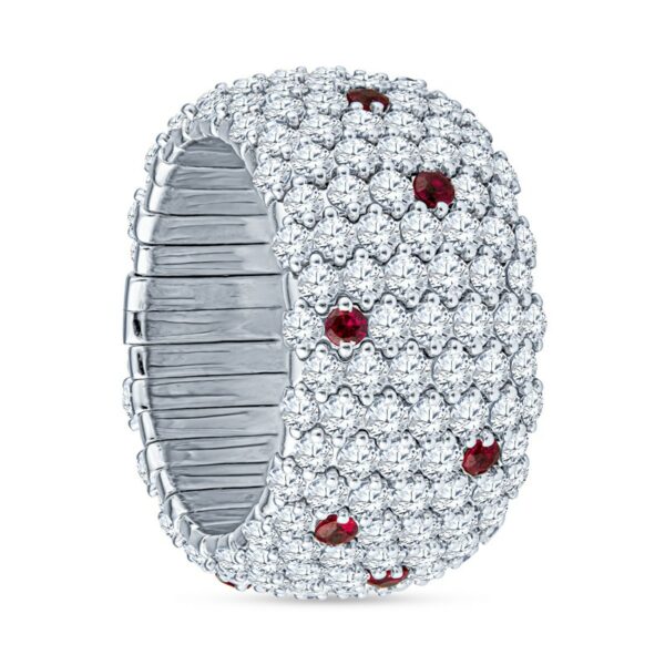a diamond ring with red stones on it