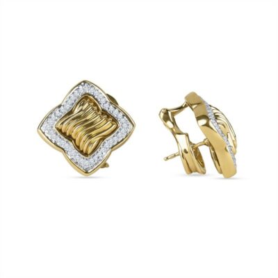 two gold earrings with diamonds on them