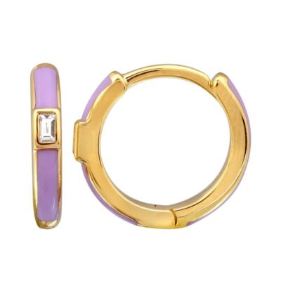 a pair of gold and purple enamel hoop earrings