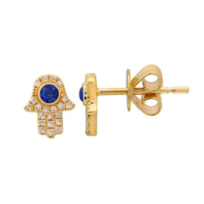 a pair of gold earrings with blue and white stones