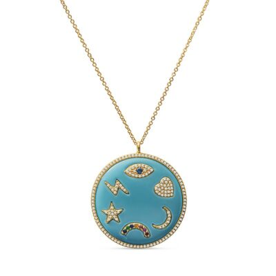 a blue necklace with stars and moon on it