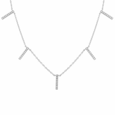 a silver necklace with diamonds on it