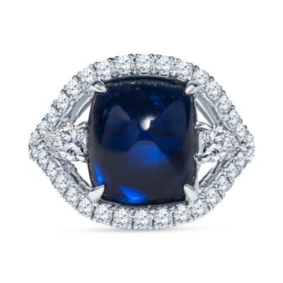 a blue and white ring with diamonds around it