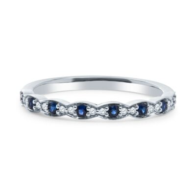 a white gold band with blue and white diamonds