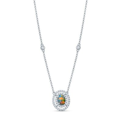 a necklace with an orange and blue flower on it