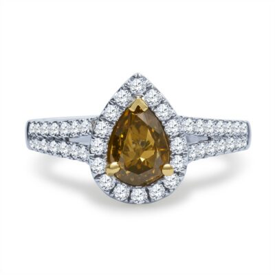 a yellow and white diamond ring with two rows of diamonds around it