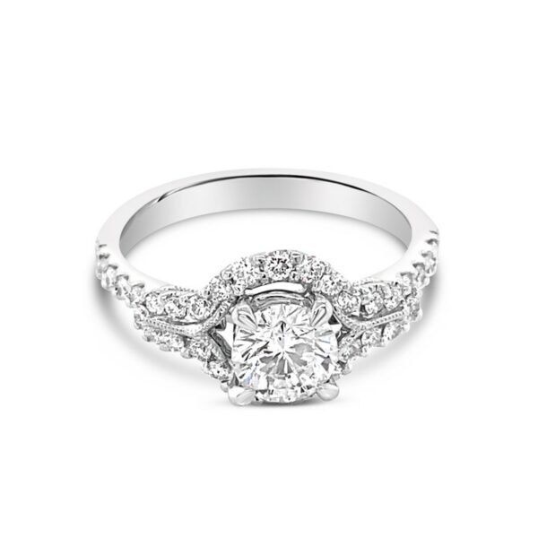 a white gold ring with diamonds on the band